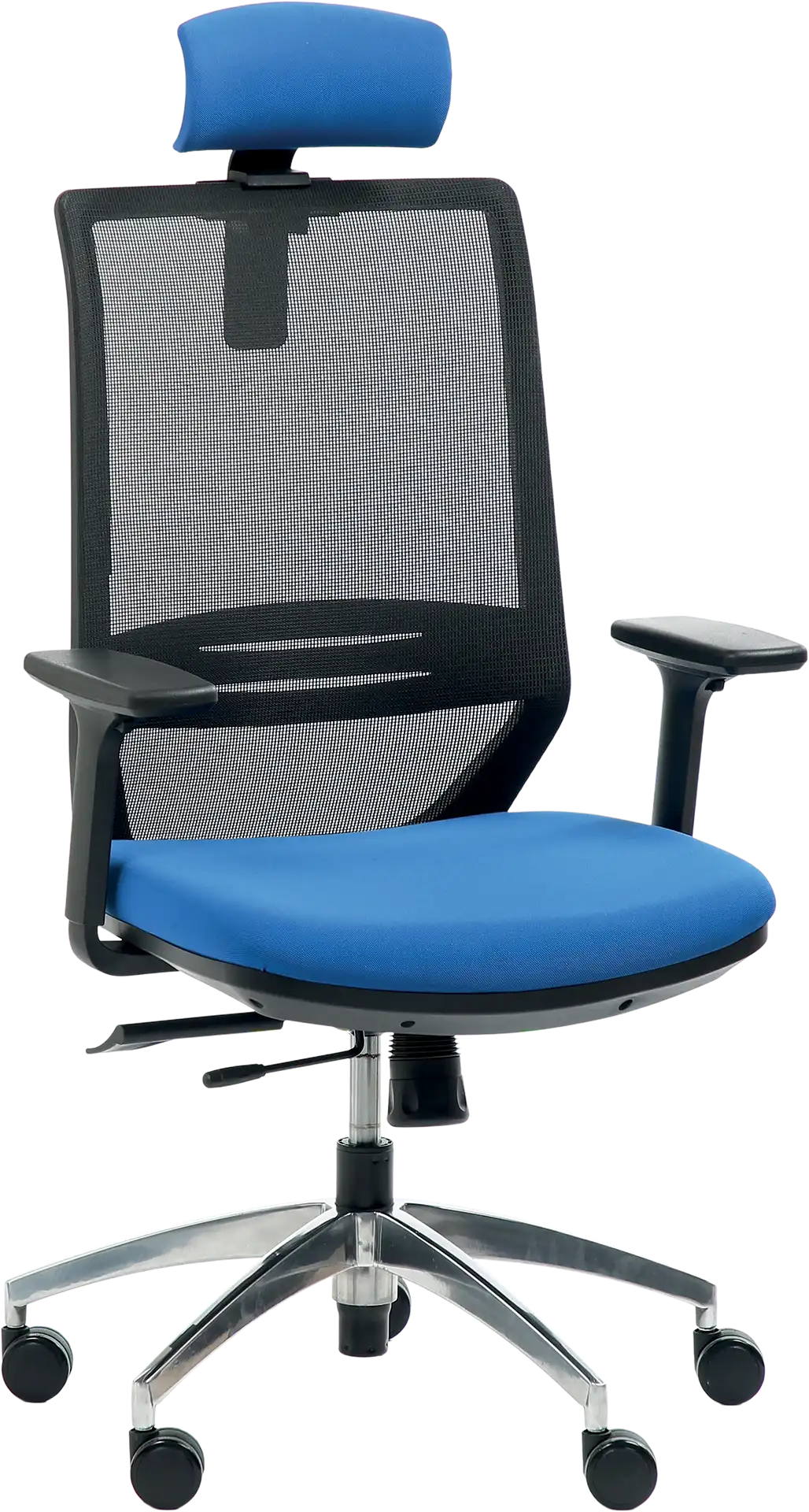 Photo du produit FAUTEUIL ERGONOMIQUE TECSY NOIR/BLEU PIED ALU ACC 3D