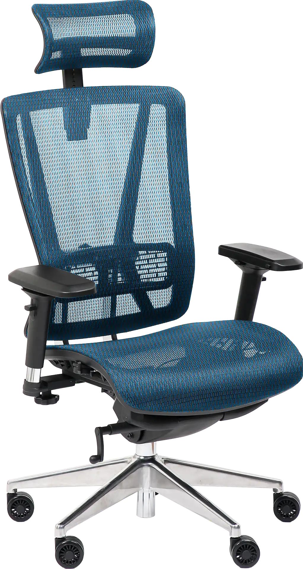 Photo du produit FAUTEUIL VASEAT SYNCHRONE TOUT MAILLE BLEU, ACCOUDOIRS 4D, PIED ALU